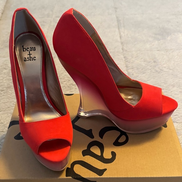 Beau+Ashe Vibrant Coral Platform Peep Toe Wedges with Gradient See-Thru Wedge - Picture 3 of 15